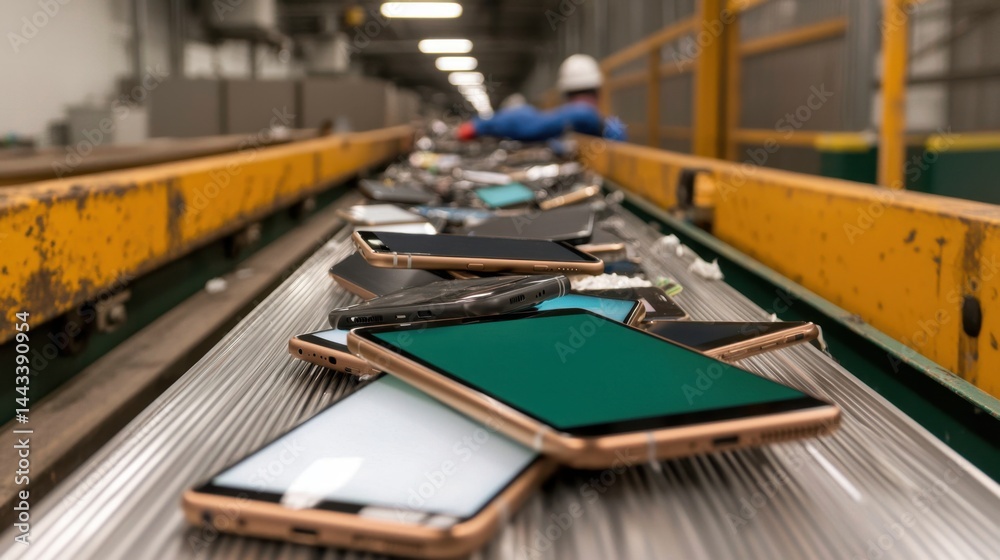 Recycling Plant Workers Sorting Electronics on Conveyor Belt Concept, Discarded Smartphones on a Conveyor Belt in a Recycling Facility