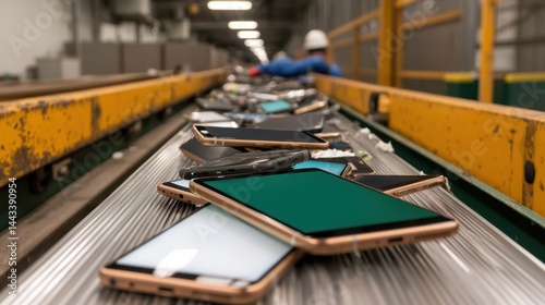 Obraz na płótnie Recycling Plant Workers Sorting Electronics on Conveyor Belt Concept, Discarded Smartphones on a Conveyor Belt in a Recycling Facility w salonie