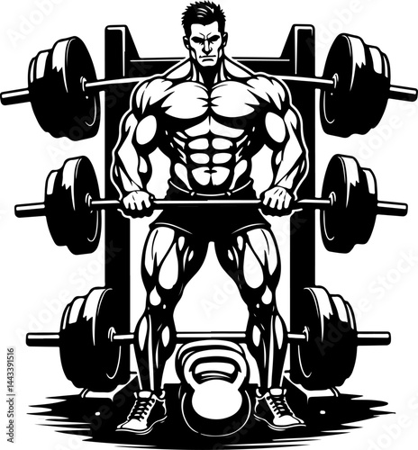 Bodybuilder with Barbell and Weights gym vector