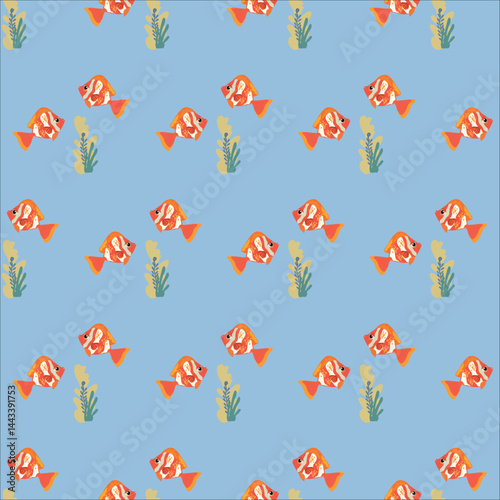 seamless pattern with orange fishes,clown fish withseaweeds nautical pattern on blue background