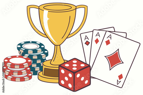 2 golden trophy cup, casino poker chips, stacks of colorful chips, red dice, playing cards, ace of diamonds, gambling theme, realistic rendering, shiny surfaces, 3D illustration, high contrast, vibran