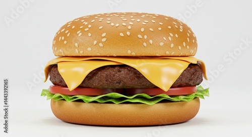 Studio photo of a classic cheeseburger with lettuce, tomato, and melted cheese, centered on a pure white background, soft shadows, professional lighting.