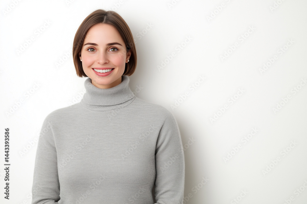 Fototapeta premium A poised woman radiates confidence as she smiles. Wearing a neutral-toned turtleneck, she exudes warmth and approachability, perfect for representing themes of lifestyle and wellness.