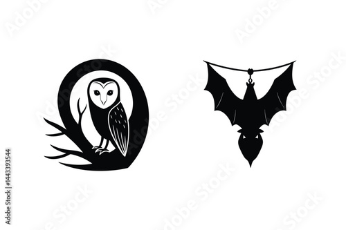 Halloween Silhouettes Owl On Branch And Upside Down Bat Vector Illustration
