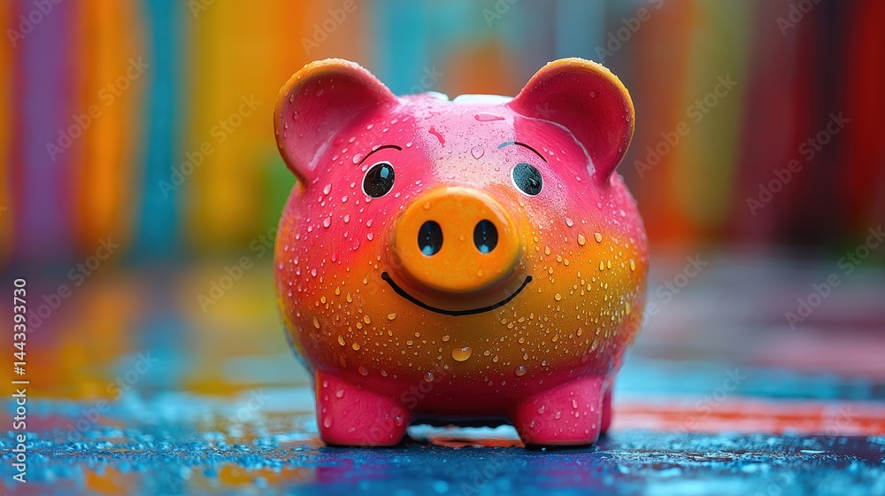 Thriving piggy bank symbolizing wealth and financial stability on a colorful background