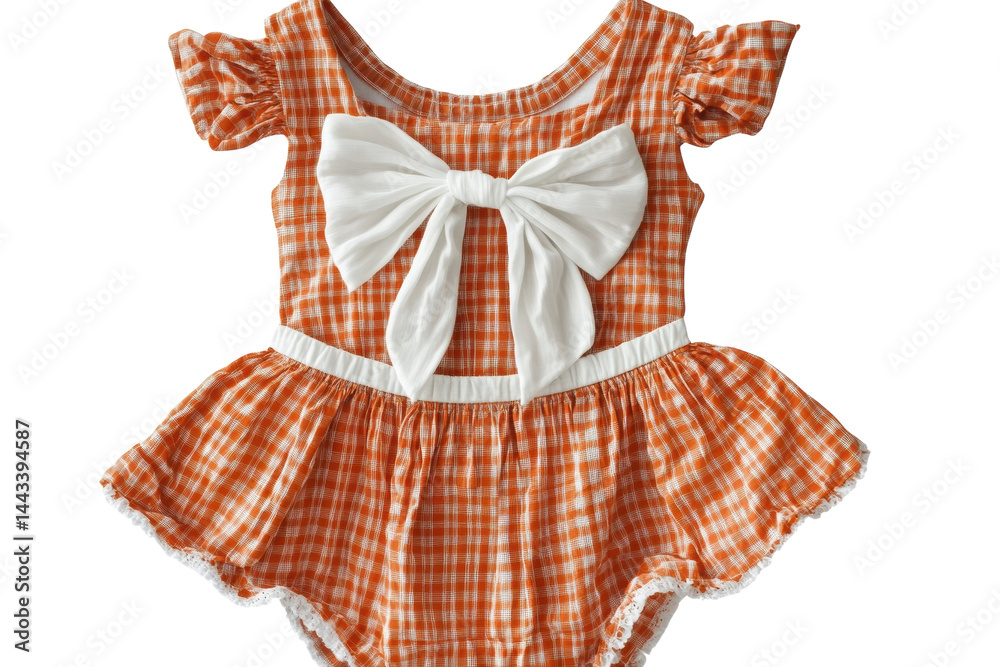 Obraz premium Adorable baby girl s orange gingham dress with a big white bow perfect for summer on a black on transparent background
