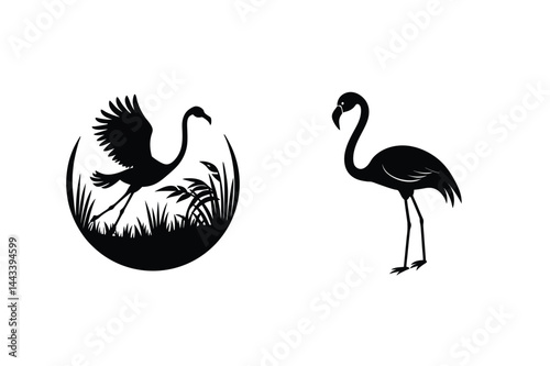 Black Flamingo Silhouettes Flying Landing Elegant Design Minimalist Vector Graphics Illustration