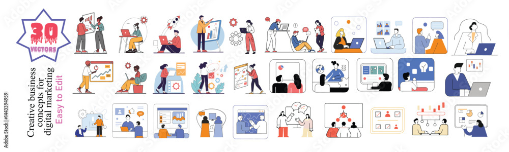 Modern Online Business Scenes: Vector Illustration Set for Startups, Marketing & Teamwork, these include startup planning
online business illustrations, vector business people, startup planning graph Modern Online Business Scenes: Vector Illustration Set for Startups, Marketing & Teamwork, these include startup planning
online business illustrations, vector business people, startup planning graph