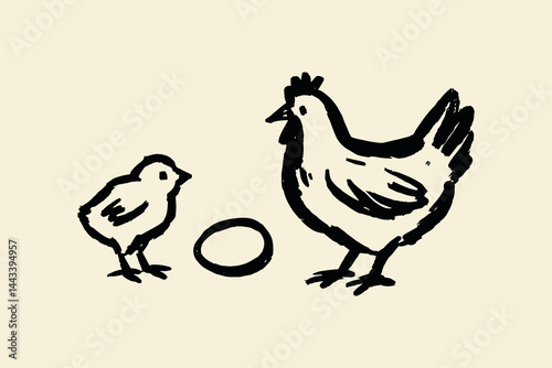 Hen chick and egg sketch — black ink brush minimalist style

