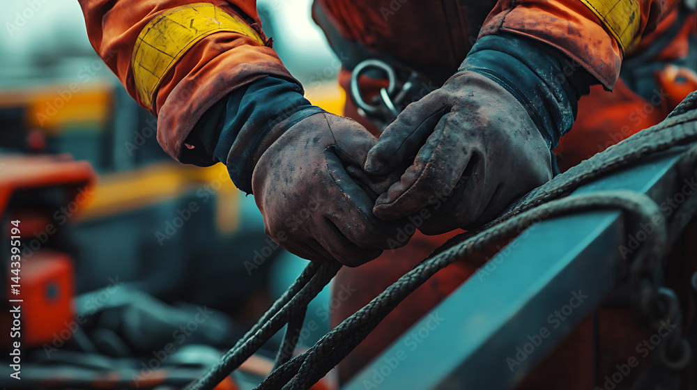 Worker Handling Heavy Duty Ropes on Industrial Site Worker Handling Heavy Duty Ropes on Industrial Site