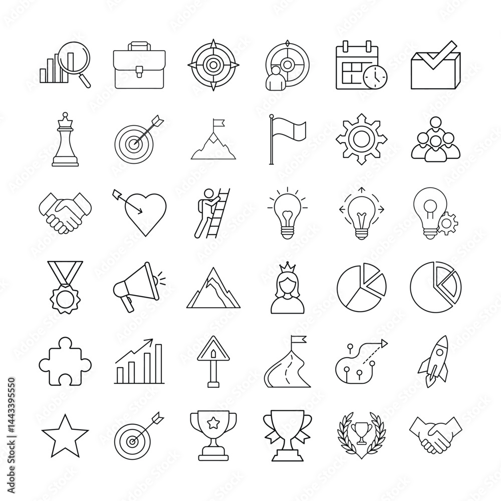 Fototapeta premium Business and Success Line Icons Set Leadership, Strategy, Goal Achievement, Innovation, Teamwork, Motivation, Marketing, Growth, and Planning Concepts in Minimal Outline Stylty
