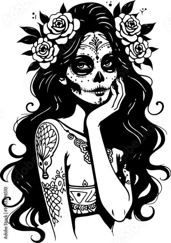 Sugar Skull Girl with Roses Black and White Line Art