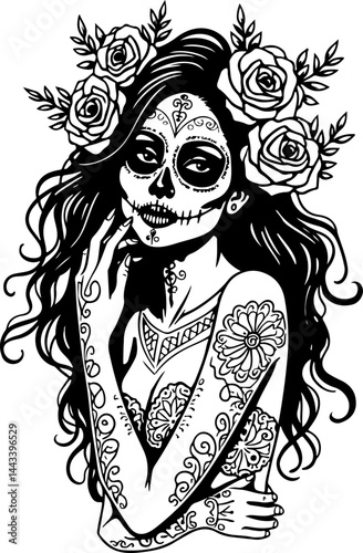 Sugar Skull Girl with Roses Black and White Line Art