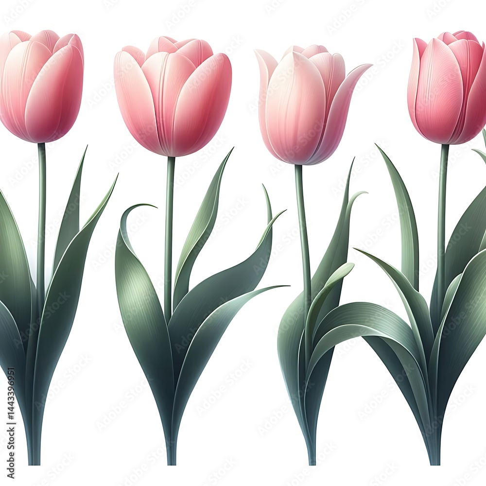 Obraz premium Elegant Pink and White Tulip Flowers with Green Leaves – High-Quality Botanical Vector Illustration for Spring Decor and Floral Designs.