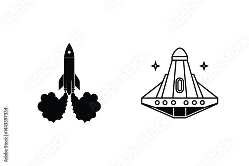 Spacecrafts Rocket Launch And Ufo Alien Spaceship With Star Black And White