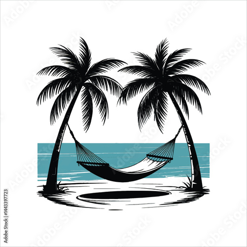 Silhouette of a hammock between two palm trees on a serene beach