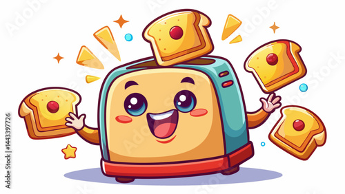 A cheerful cartoon toaster with a smiling face and two slices of toast popping up on a white background