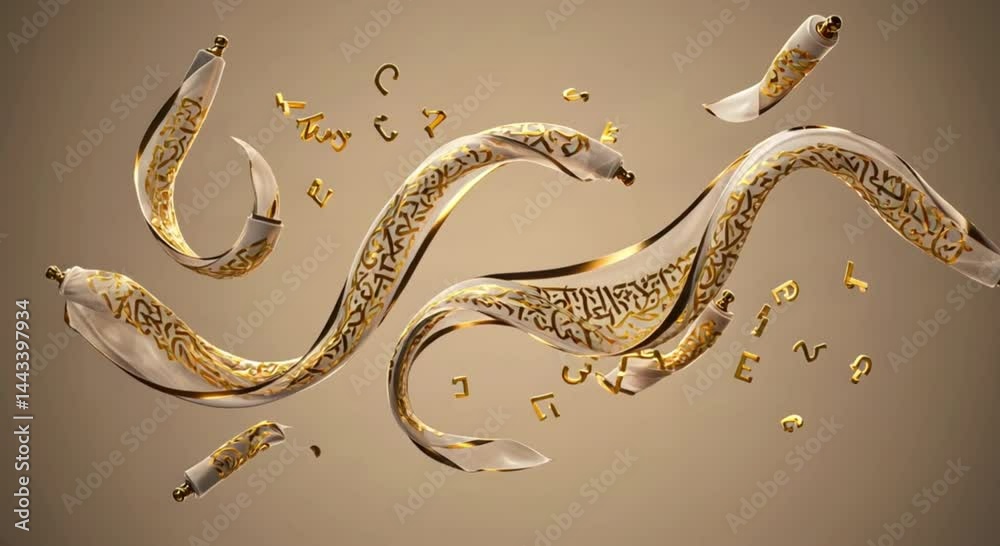 Artistic display of flowing ribbons with golden inscriptions, symbolizing creativity and cultural expression
