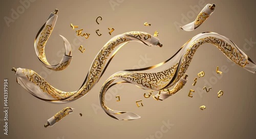 Artistic display of flowing ribbons with golden inscriptions, symbolizing creativity and cultural expression
