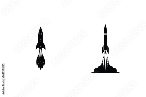 Rocket Ship Silhouette Taking Off And Flying Isolated On White Background
