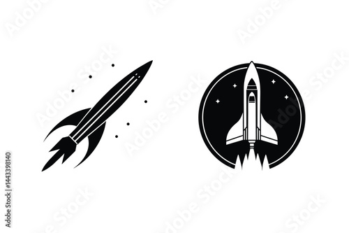 Black And White Rocketship Illustrations Symbolizing Space Exploration And Technological Innovation