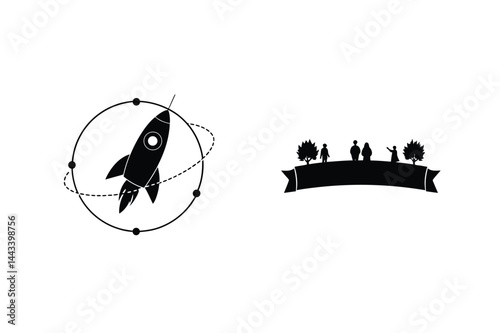 Rocket Ship Flying Around The World With People Silhouetted On Ribbon