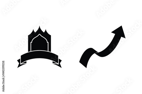 Mosque Silhouette With Ribbon And Arrow Symbolizing Growth And Success On White Background