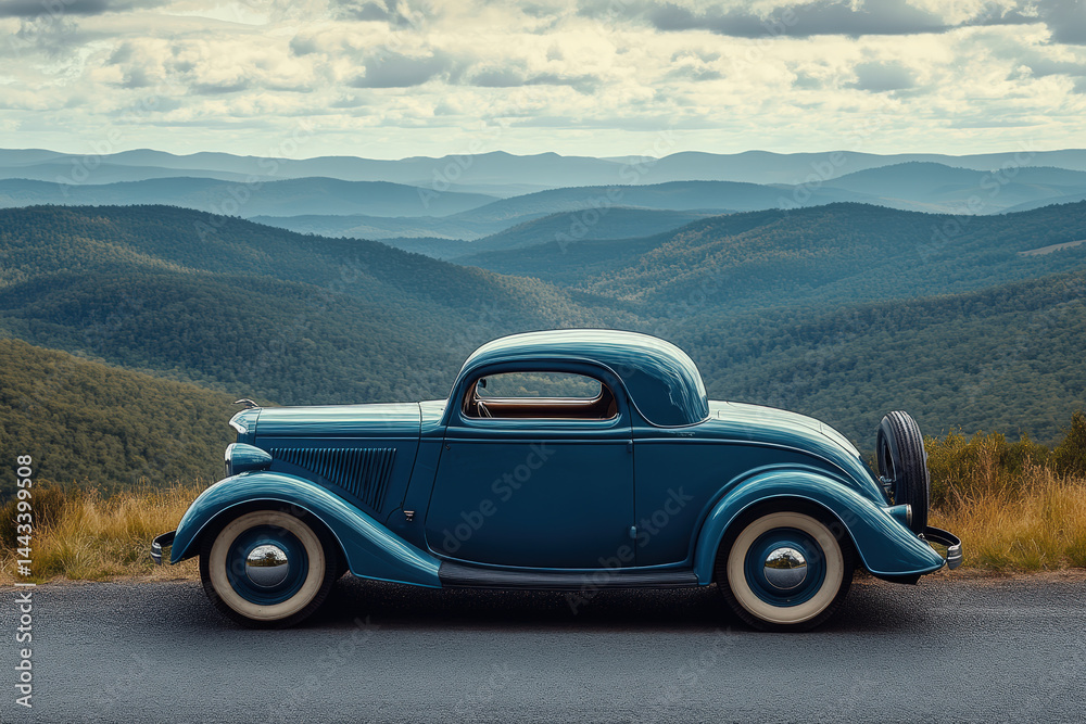 Naklejka premium Classic Blue Car on Mountain Road. A classic blue car is parked with a scenic mountain landscape in the background on a cloudy day.