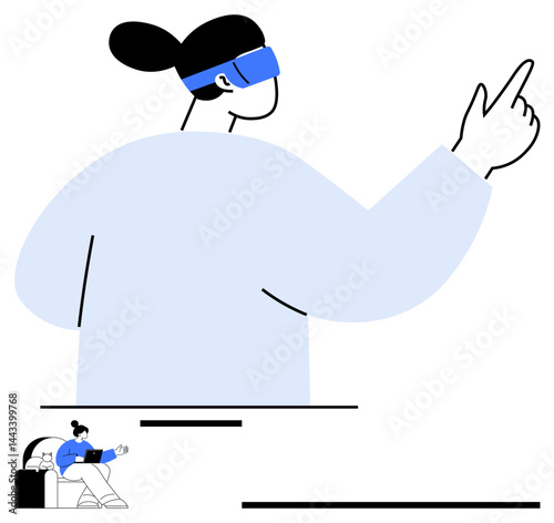 Female using VR headset with arm extended, interacting in virtual space. Ideal for technology, VR experience, gaming, innovation, future design, tech adoption futuristic life. Flat simple metaphor