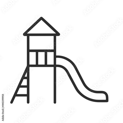 Outline illustration of a playground structure with a slide on a white background