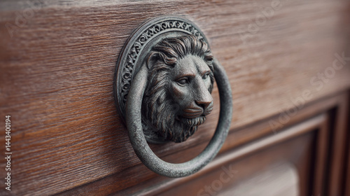 Lion head door knocker adorns a wooden door in Vatican City, showcasing intricate metal texture and craftsmanship