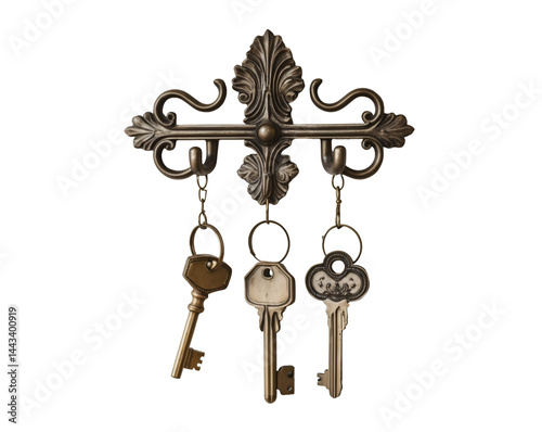 Elegant Decorative Wall Hooks with Ornate Keys, a Timeless Storage Solution Combining Functionality and Style for Home Organization, Isolated on Clean Background