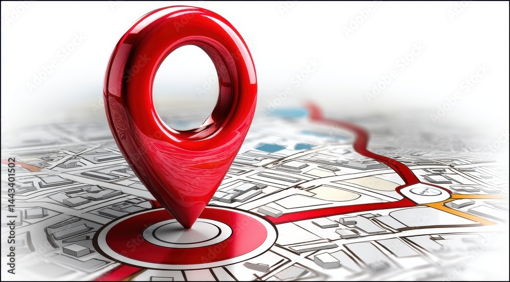 Fototapeta premium Navigate the Route: A striking 3D render of a bold red location pin atop a detailed city map, charting the course with a continuous red line. The image encapsulates concepts of direction, travel.