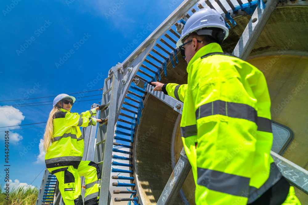 custom made wallpaper toronto digitalTwo engineers in safety gear inspecting a wind turbine blade section on a construction site. They examine the metal framework with precision. Renewable energy project under a clear blue sky.
