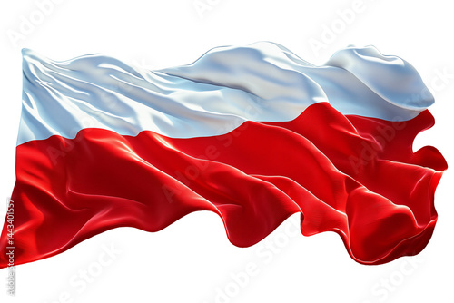 Realistyczna fotografia wysokiej jakości przedstawiająca powiewającą flagę Polski na przezroczystym tle