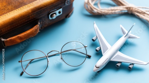 Vintage suitcase, airplane, glasses, and rope on blue
