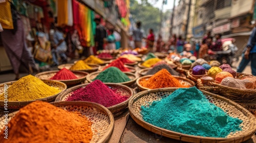 Vibrant colored powders displayed at bustling market