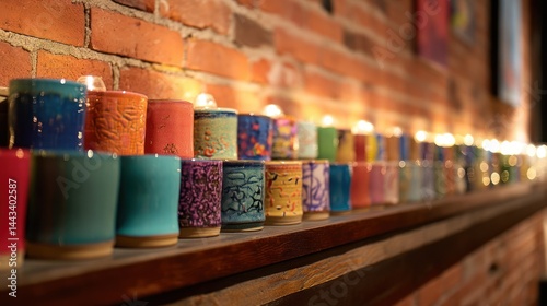 Vibrant, hand-painted candles illuminate a brick wall