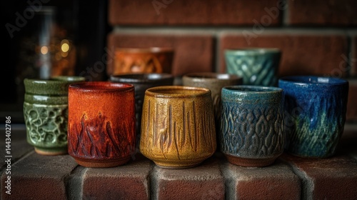 Vibrant, handcrafted ceramic mugs with unique embossed designs, displayed on a brick surface