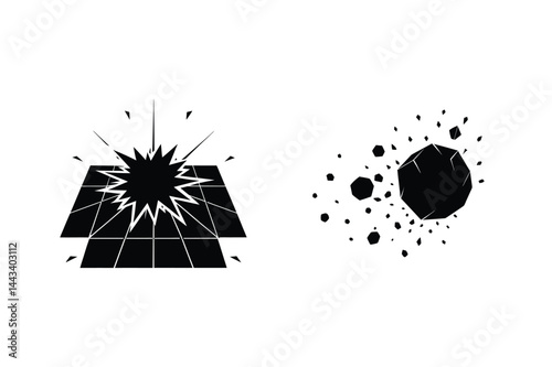 Black Silhouette Of A Colliding Meteoroid And Ground Explosion On White Backdrop