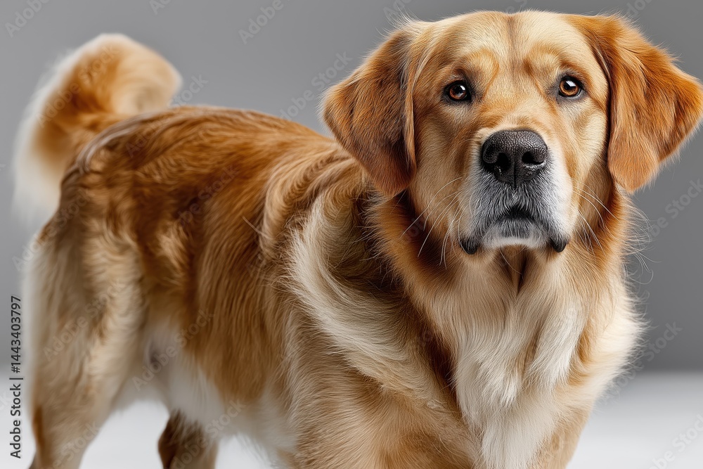 Golden Retriever stands confidently on a white background displaying its friendly nature and beautiful coat Golden Retriever stands confidently on a white background displaying its friendly nature and beautiful coat