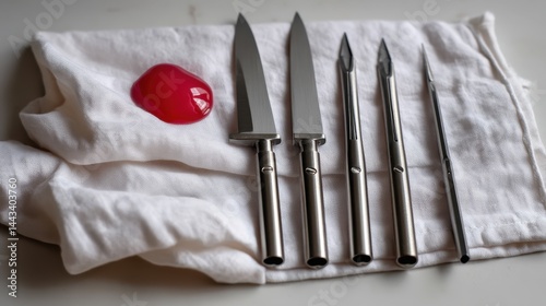 Surgical scalpels, knives, and a red gel-like object on white cloth for medical or surgical procedures photo