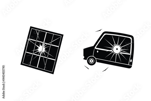 Car Accident Impact Damaged Windshield And Broken Square Window Illustration Black And White