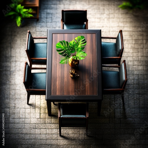 Elegant Dining: Dark Wood Table with Monstera Centerpiece and Plush Chairs in a Modern Interior.