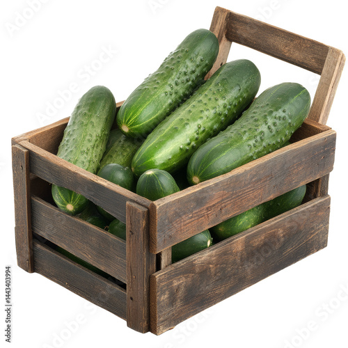 Rustic wooden crate overflowing with fresh, vibrant green cucumbers on transparent display