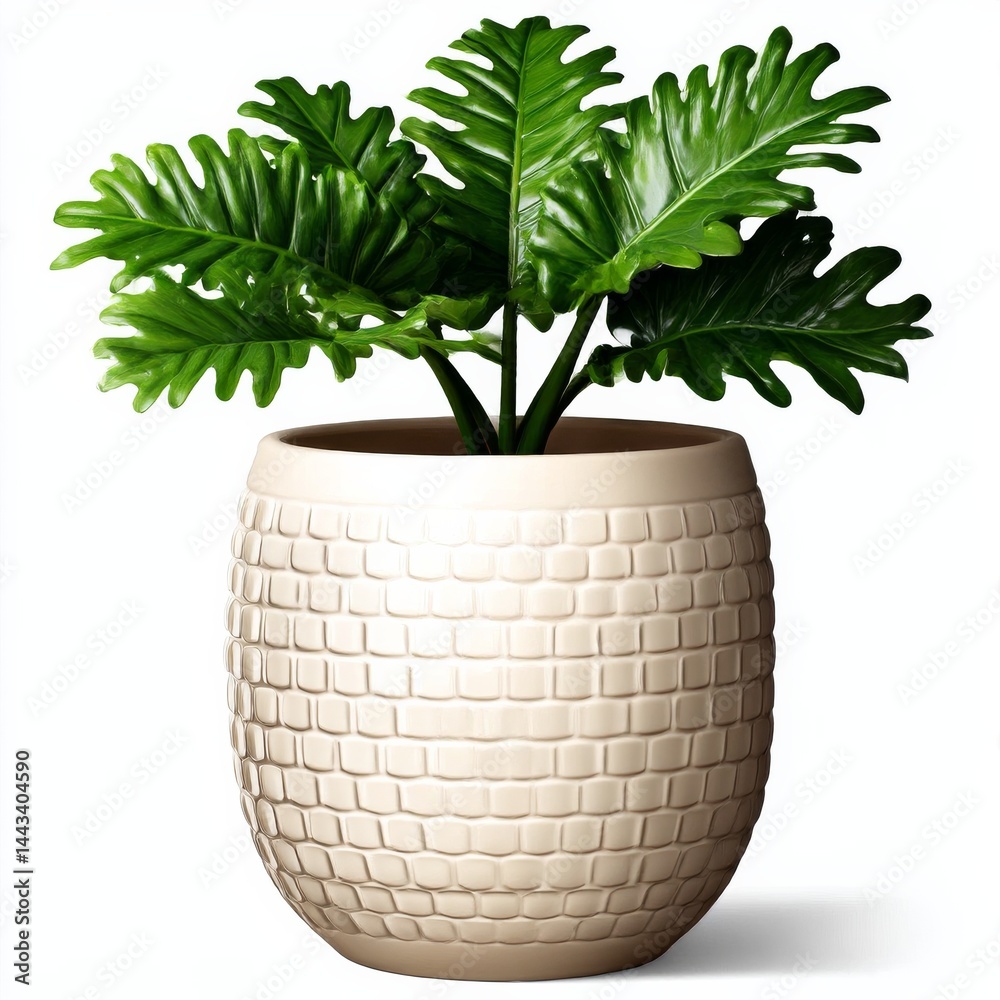 Philodendron Selloum: A Lush Indoor Plant in a Textured Ceramic Pot, Bringing a Touch of Greenery and Modern Design