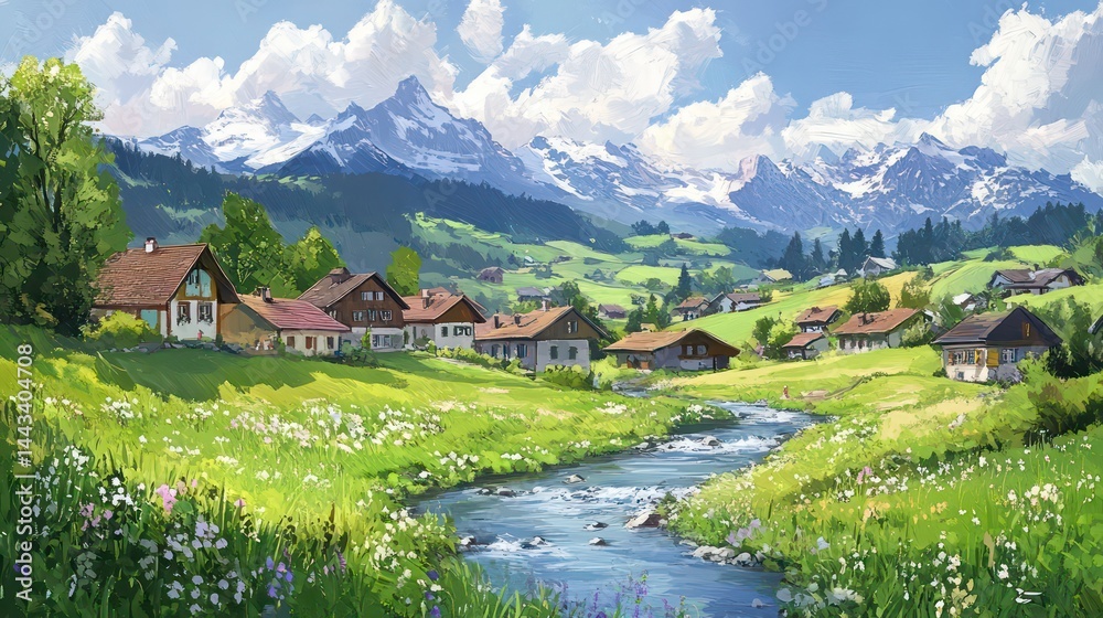 Obraz premium Alpine village nestled amidst vibrant meadows snowcapped peaks