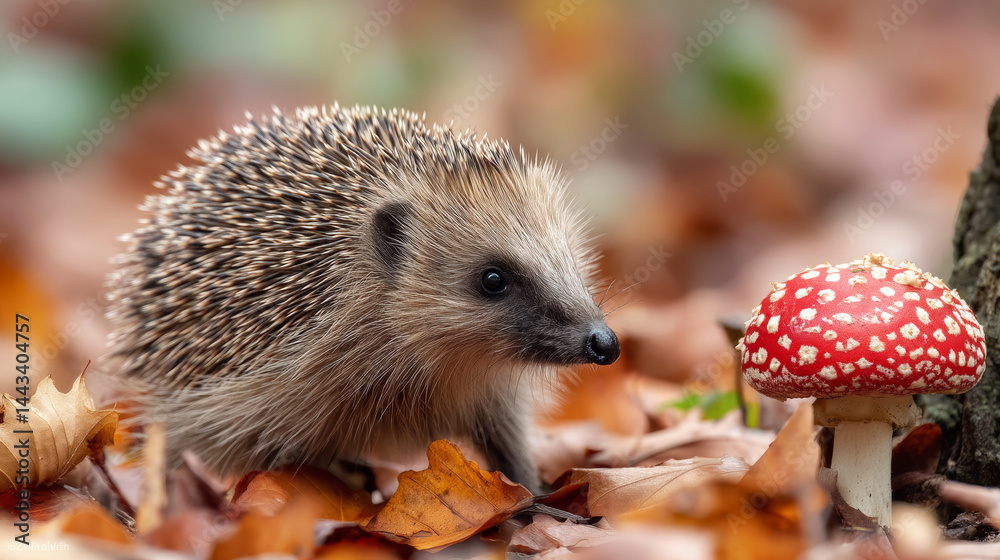 Fototapeta premium European Hedgehog, Erinaceus europaeus, walking near a Fly Agaric, Amanita muscaria, mushroom in colorful autumn leaves