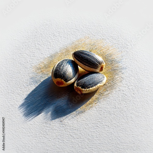 Three Castor Beans with Shadow on Textured Surface, A Study in Light and Form