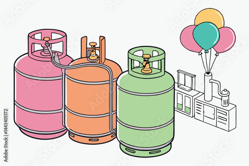 14 Colorful propane tanks, vibrant pastel colors, pink green orange and gray, cylindrical gas cylinders, helium balloons, industrial equipment, studio lighting, product photography, clean background, 